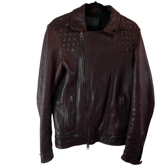 All Saints Conroy Crinkled Quilted Shoulder Leather Biker Jacket Oxblood Size M - Picture 7 of 11